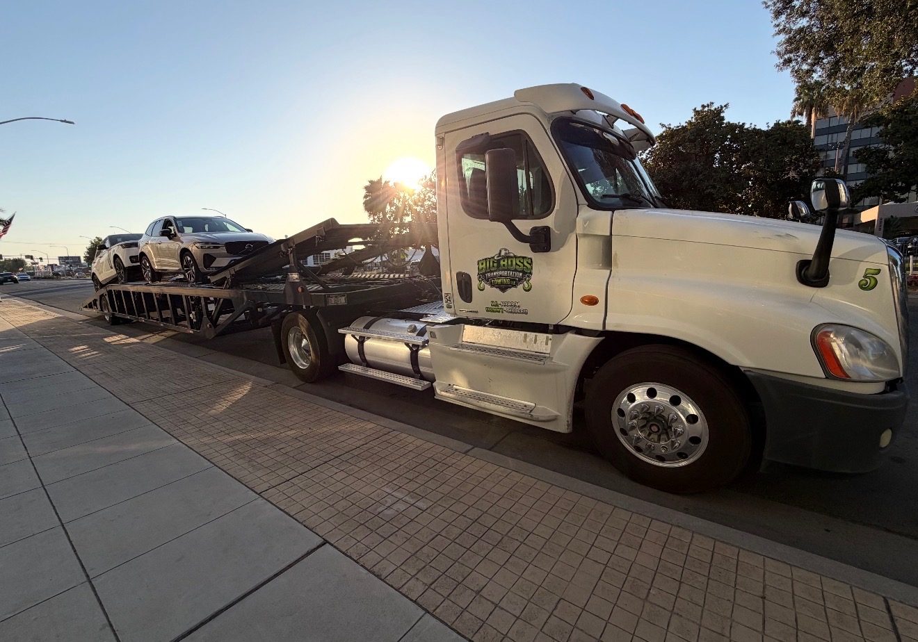 Big Boss car carrier truck loaded with vehicles at sunset